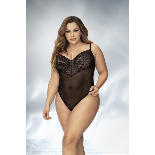 Body, grande taille, noir en dentelle et résille noire 